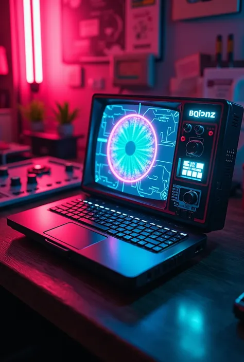 Retro-Futuristic Images Theme :  Creating images that combine retro and futuristic elements .  Imagine a world where the aesthetics of the 80s or 90s are mixed with technological advances,  and place your BQINZ® logo on an old machine or a modern interface...