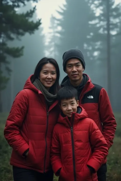  an indonesian family consist of a father 30 years-old, a mother 25 years-old and a son s-old. close up, full body, they were hiking in a  foggy pine forest ,wearing red the north face puffer jacket, soft smile, fog, bonfire, dome tent, hammock, orange ski...