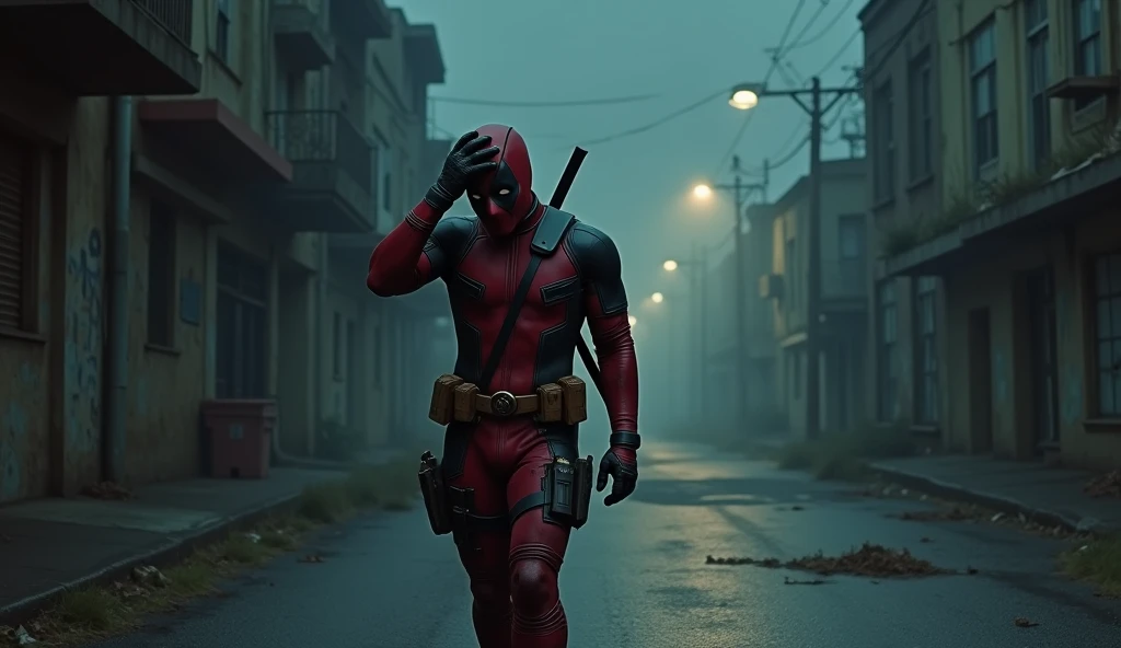 " Deadpool walking alone on a deserted street during the night ,  with a hunched and tired posture . He is scratching his head ,  demonstrating exhaustion and distraction ,  while his red and black uniform is visibly dirty and torn,  with battle marks . ar...