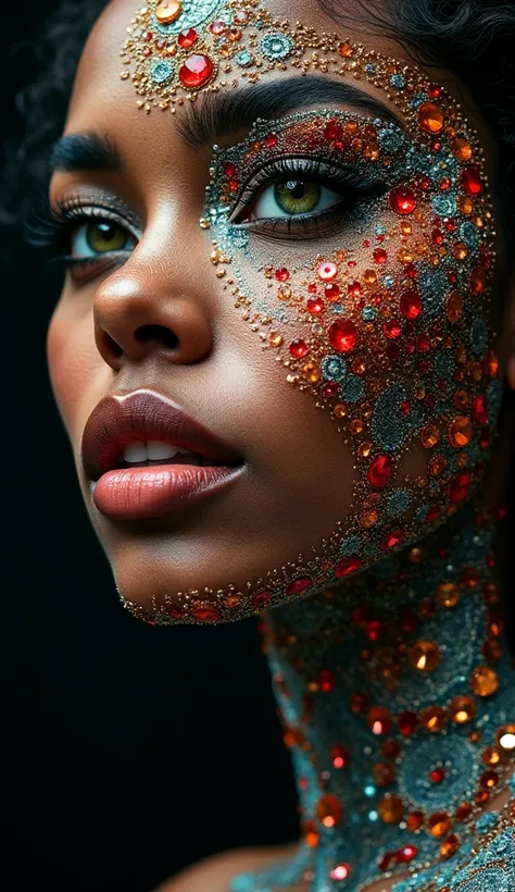 Awe inspiring, surreal structured mix media art, embroidered Beautiful Super Model, art by Luzia Caldari, Carne Griffiths and Vanessa Barragao. Black background, A mesmerizing art piece depicting a african-american woman’s enchanting portrait, showcasing s...