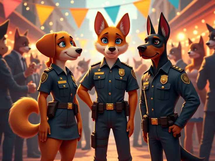 sheriff labrador, Cornelia Jelumie, Officer Dobie, Sheriff Papillon. are in a party