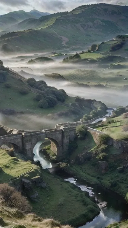 Masterpiece, UHD, Ancient Roman empire bridge in an intense morning fog, green grass of Scotland, romantic atmosphere, sunlight rays pierce seldom the fog, seaart.ai logo is melted with the landscape, background: mountains, light flare, Grain de Film, Fuji...