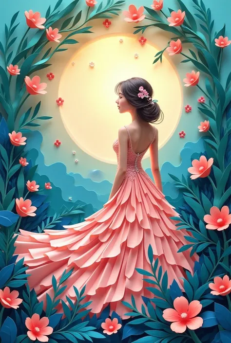 Paper Art、Cut out paper 、 in a paper and paper flower wedding dress、Beautiful girl、They dance in the ocean fairy country　 Professional Photographers Lighting 　Beautiful design　Beautiful color scheme 　 masterpiece