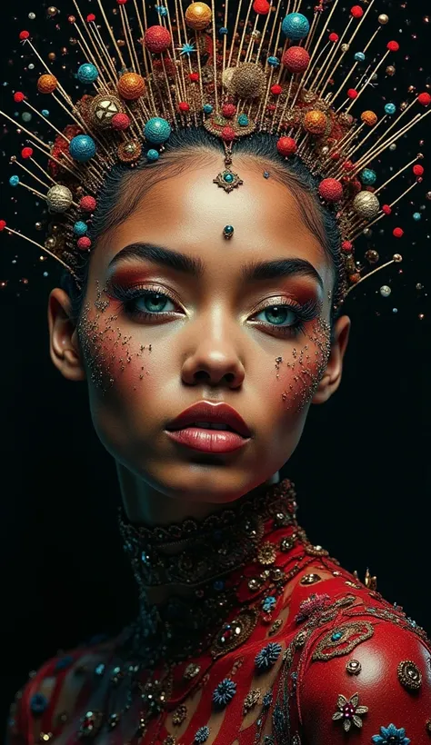 Awe inspiring, surreal structured mix media art, embroidered Beautiful Super Model, art by Luzia Caldari, Carne Griffiths and Vanessa Barragao. Black background, A mesmerizing art piece depicting a african-american woman’s enchanting portrait, showcasing s...