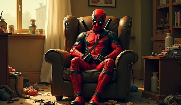 "Deadpool,  sitting in a worn armchair in the center of a messy room,  taking off one of the boots from your red and black suit . he seems relaxed ,  but still visibly tired ,  with the mask slightly pulled to reveal part of your face .  The room is filled...