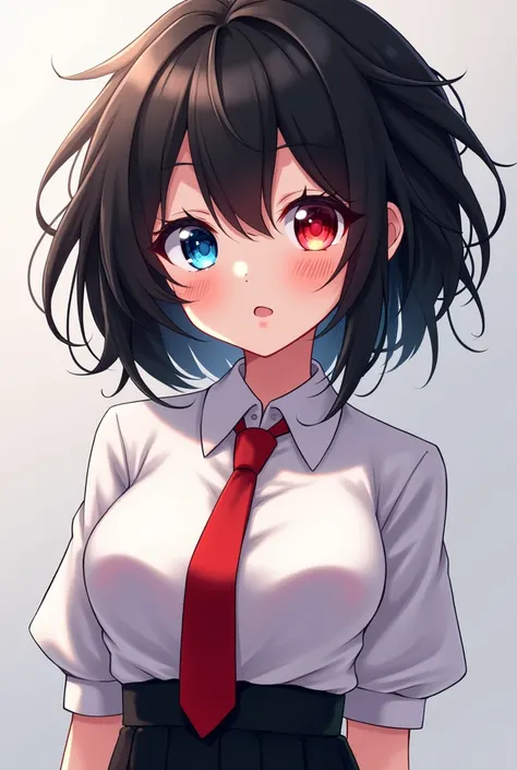 Cute anime style girl with extra messy black hair , heterochromia of blue and red different colored eyes , White blouse with a red tie and a black skirt , lastly H cup size