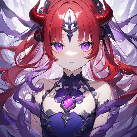  a girl with long red hair blue dress with a neckline on her chest shiny white horns purple,  holding a girl high ,  a man with purple eyes medium large red hair ,  a man with half large orange hair and orange eyes , a girl with long purple hair and purple...