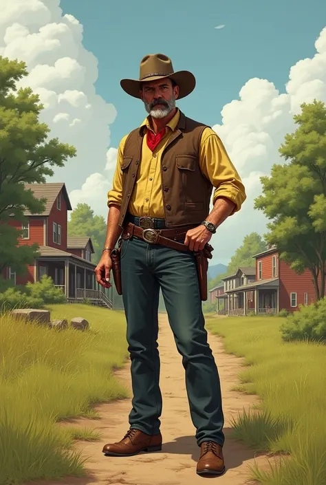 『 Red Dead Redemption 2 』 full body photo of Sheriff Curtis Malloy, Detailed portrait,  vintage illustration ,  high definition , Realistic colors, complex drawings,  old paper texture ,  bright color ,  Dramatic Lighting ,   full body shot ,  Nevada 6 , J...