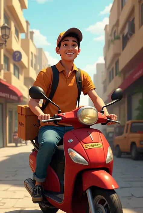 A young man working in Egypt in a food delivery service. The name of the restaurant is written on the motorcycle. He is smiling. The name of the restaurant. Despacito Name written on hot food storage box 