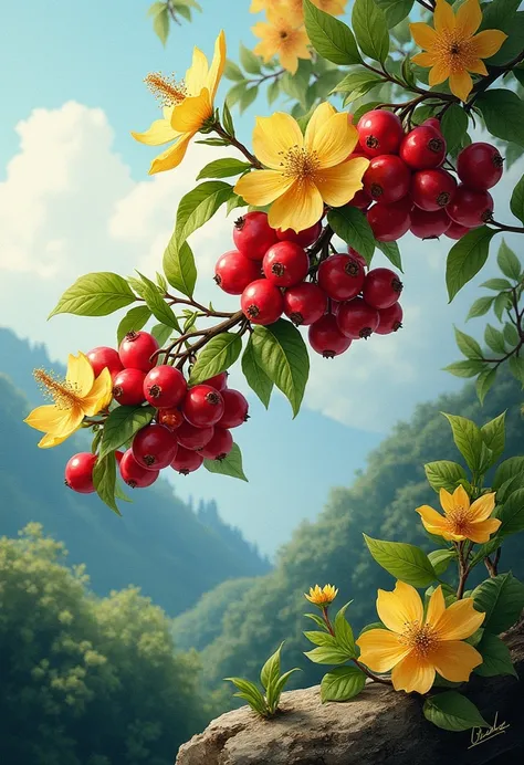 A branch with lots of red fruit、 yellow flower 、Beautiful landscape painting、