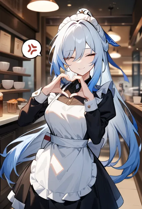 masterpiece, best quality, very aesthetic, absurdres, 1girl, jingliu(honkai: star rail), honkai: star rail, looking at viewer, upper body, high ponytail, breasts, alternate costume, maid, headdress, apron, standing, heart hands, shaded face, closed eyes, s...