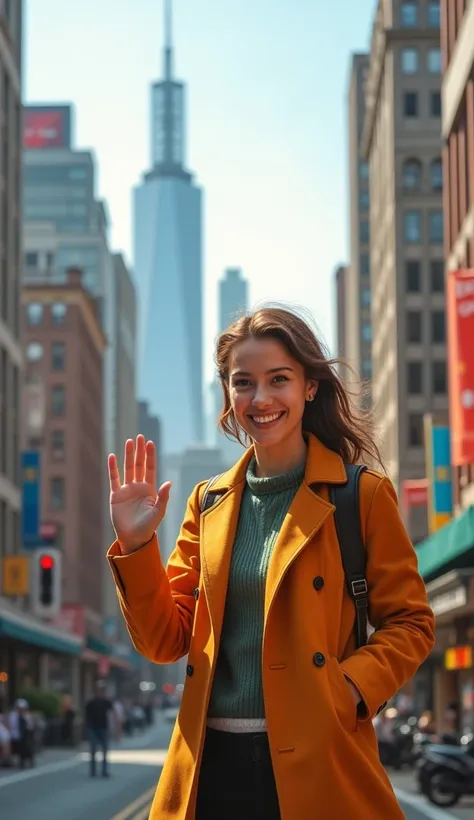  realistic image : A smiling person waving at the camera, with a city setting in the background.