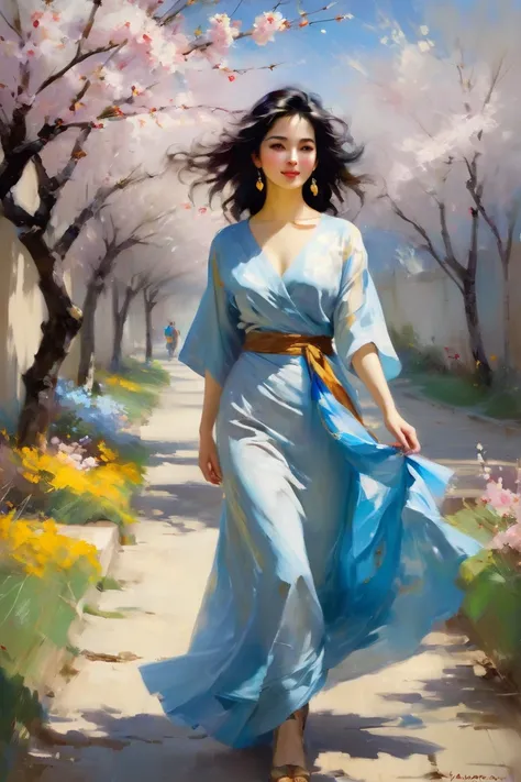 Pino Daeni style oil painting, dynamic brush stroke, pastel shades of blue, ocher, brown and bright colors, young woman with grace, walking among sakura blossoms, black hair, beautiful features, colorful palette, expressive touch, romantic atmosphere, soft...