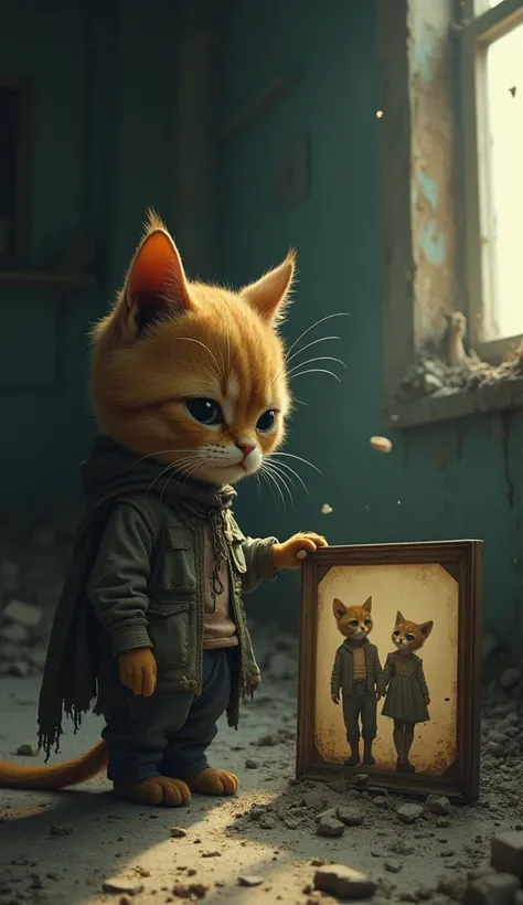 Inside an old, crumbling house, humanoid cat with tattered clothes and hollow eyes stares at a faded photo of his family—a joyful humanoid cat couple with a young kitten. Dust floats in the dim sunlight streaming through a cracked window. His trembling paw...