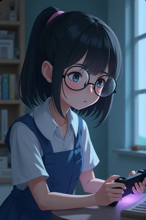 Girl with round glasses medium black hair and shy girl no chrest with school costum pony tail hair playing game