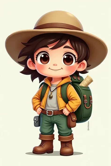 Create a detailed character model sheet for an explorer character in chibi style. Include full 3 views: front (positive), left profile, and back. The character should have oversized eyes, a cheerful expression, and wear an explorer’s outfit with a wide-bri...