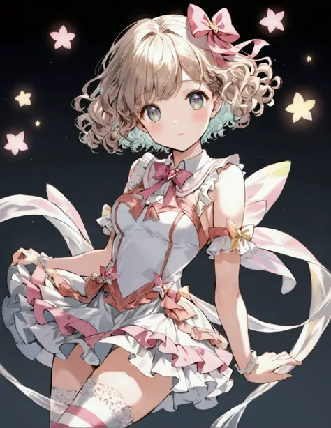 Precise drawing, [color trace main line], [early summer park] [spring breeze]], (anime girl (beautiful girl) ( short hair [curly hair]) (( magical girl)), [lace frill (ribbon) )] [[Low-rise] (stripe stockings)]], [transparency [soft ambient light] ,((gravu...