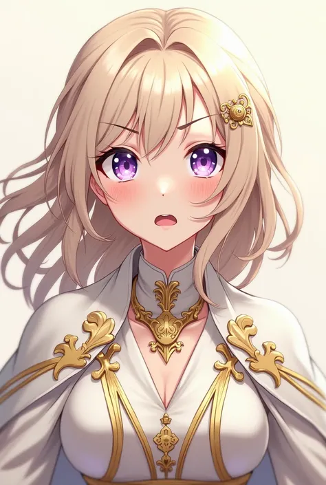 anime girl mature with cream hair, purple eyes, loose hair, white noble clothes with gold patterns, shocked expectations and sharp eyes