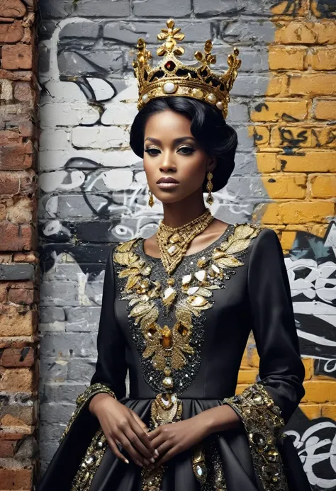 rompt: Generates an image of a royal figure in an urban environment, combining luxury elements such as crowns and jewels with a background of bricks and graffiti. Use a palette of gold, black, and gray colors.