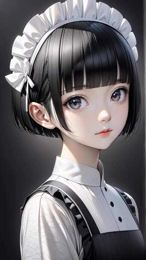 solo。 realistic drawing。High image quality。 High Quality 。 digital painting。

 black hair、( pixie cut)。
 slender。Small breasts。adult。 bangs between my eyes,  Minimalist ,  textured skin,  shiny hair,  princess cut,  asymmetrical bangs ,  wolf cut, Bangs in...