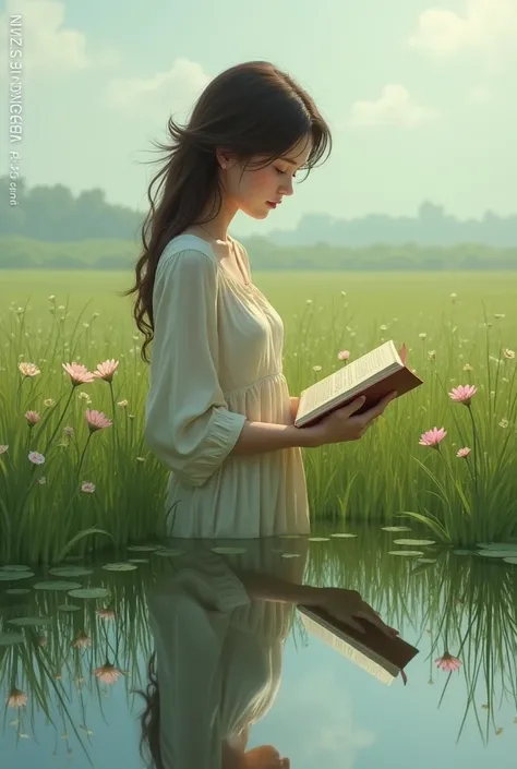 Woman from afar looking at a book and seeing her reflection in the field