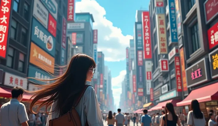  City hustle and bustle、Long Hair,  one girl , Japan high definition  ,  back view ,  8k octane, Spectacle、The person is small 、scenery、null、Huge、Xinhaicheng、 animation、 Mandarin 