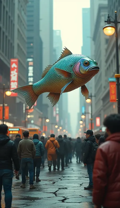 Create a image of a fish and people to surround on the road 