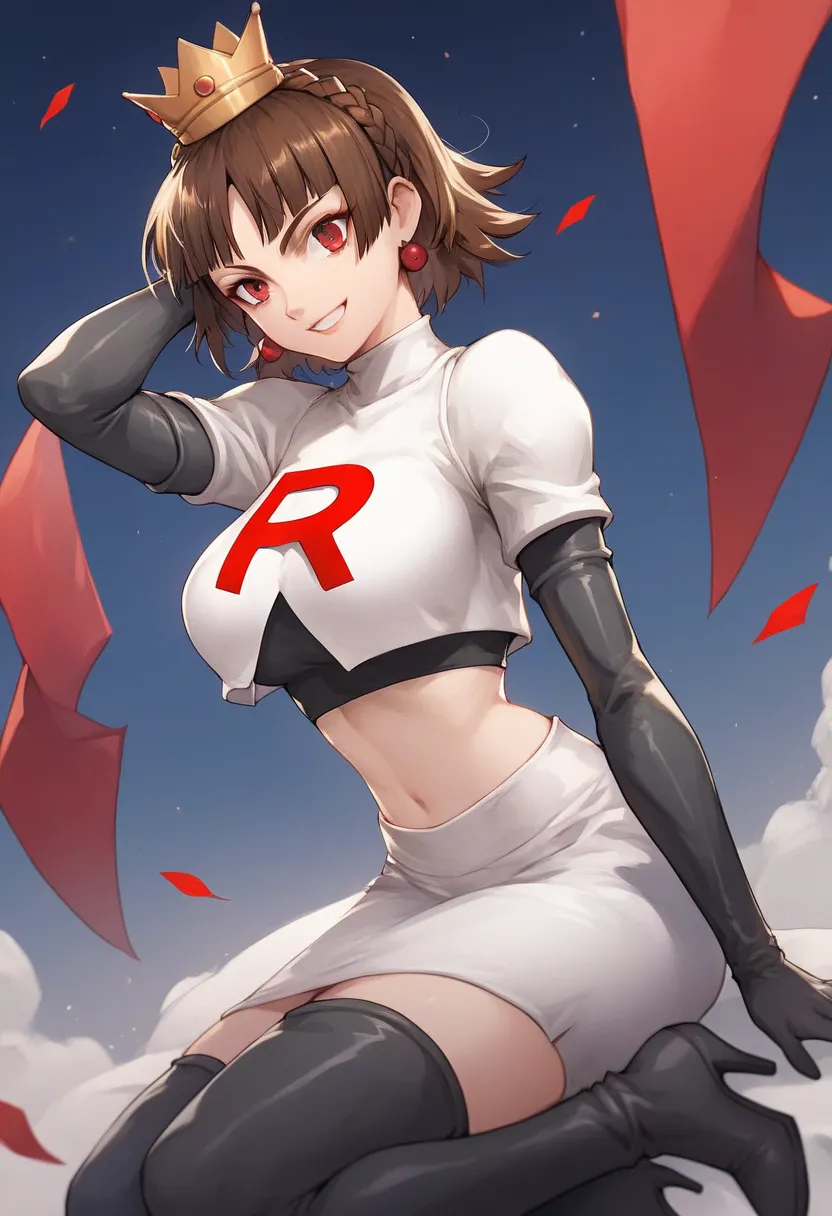 team rocket, team rocket uniform, red letter r, white skirt,white crop top,black thigh-high boots, black elbow gloves, evil smil...