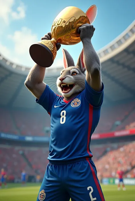 A muscular rabbit in the Cruz Azul team uniform lifting the 2024 champions cup