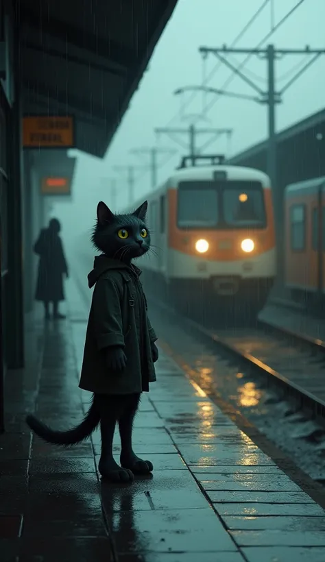 humanoid cat with tattered clothes and hollow eyes stands at a train station in the pouring rain, watching a train pull away. Onboard is the kind stranger who once helped him, leaving for a better life. Milo waves feebly, his silhouette blurred by the rain...