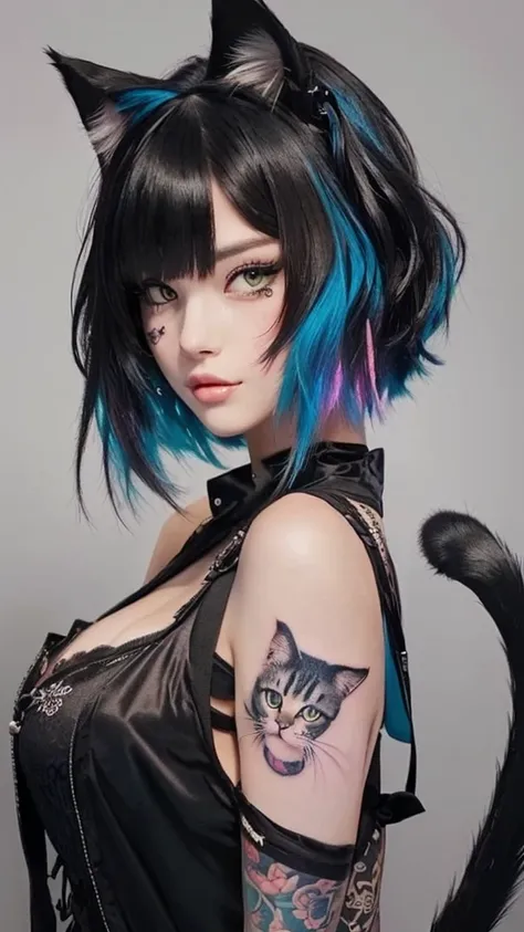 a close up of a person with a cat tattoo on their arm, attractive cat girl, beautiful catgirl, very beautiful cat girl, seductive girl, cute catgirl, cat girl, very beautiful cute catgirl, woman character; full body art, attractive girl, beautiful young ca...