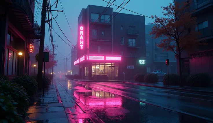 A portion of the district of the building with 、 neon lights shining on a puddle formed on a road wet from rain is reflected