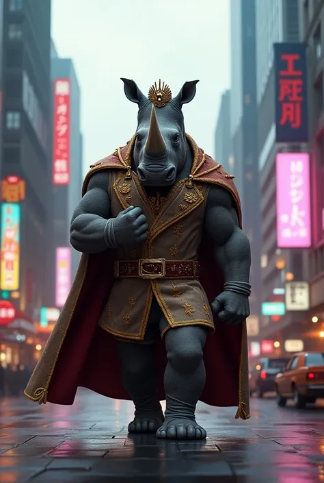 "Create a detailed image of a humanoid rhinoceros walking confidently through a bustling modern city. The rhino is wearing a luxurious, royal outfit, adorned with intricate embroidery and rich fabrics such as velvet and gold trim. The outfit includes a maj...