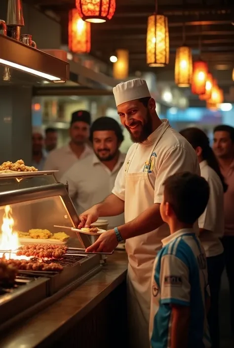 Lionel Messi wearing a chef’s apron and cap, standing behind the counter of a vibrant, bustling kebab shop. The shop is located in Riyadh, with traditional Middle Eastern décor, hanging lanterns, and aromatic skewers of grilled meat sizzling on an open fla...