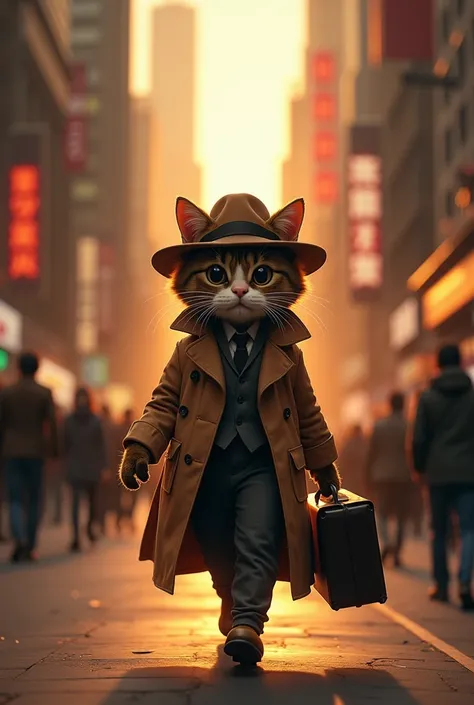 
1. Image 1 - The Cat in the City: An anthropomorphic cat, wearing a small trench coat and a fedora, walks briskly down a busy city street. Skyscrapers loom in the background, and the sun sets, casting a warm orange glow. The cat carries a briefcase in one...