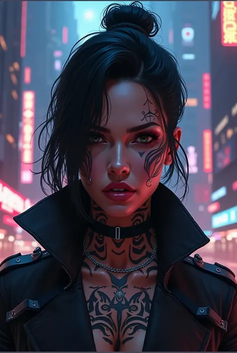 ((cyberpunk woman)) with a tattooed face in front of a (neon cityscape)