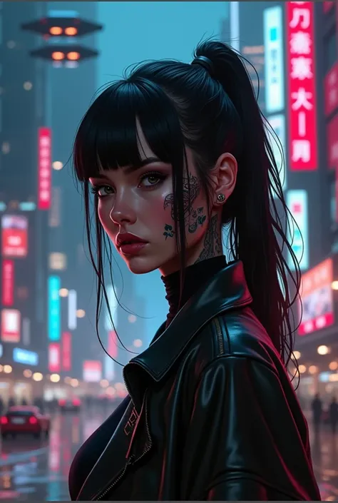 ((cyberpunk woman)) with a tattooed face in front of a (neon cityscape)