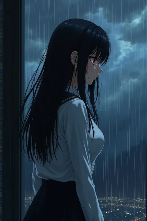 Beautiful lady long black hair with bangs, red eye, nice body normal boobs, neat uniform white shirt and black long skirt, heavy rain and thunder at night sky, tired face, crying, looking from outside of the window, soaked 