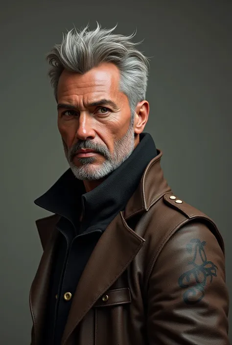 ( Photorealism :1.2), Joseph : braun,  with a bronze glow , hair :  Salt and Pepper  ( mix of gray and black ),  short and well-groomed . Eyes:  hazelnut ,  a thoughtful look ,  marked by wisdom and experience. 1m86 ,  tattoo on the right arm .