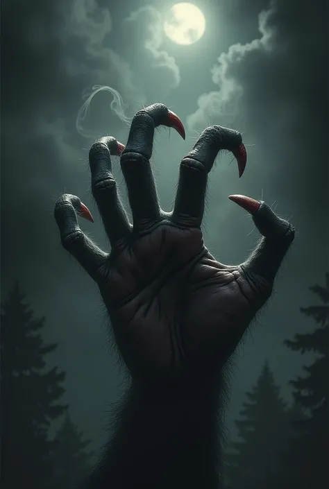 A sinister and gnarled monkeys paw with 3 fingers raised, set against a dark and eerie background. The paw is detailed with fur and sharp claws, looking aged and cursed. Surrounding the paw are faint wisps of smoke, giving it a mystical and unsettling aura...