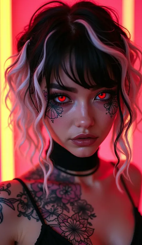 " A woman with a cyberpunk style ,  black hair with white and pink locks stylized in a disordered way.  Her face has intricate ornamental-style tattoos ,  with floral details and abstract designs .  Bright red eyes that emanate intensity ,  dark makeup hig...