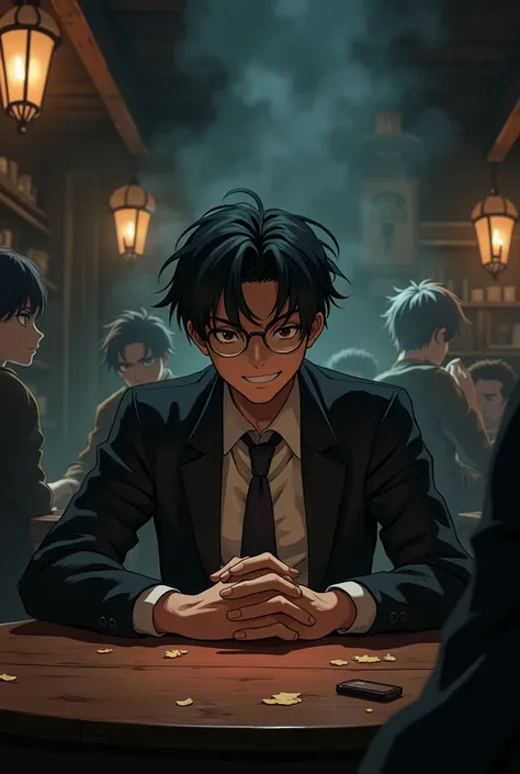  anime style、 handsome、male、Round Glasses、Disheveled hair tavern、 sitting、Evil smile