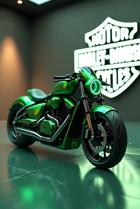 Generate a high-resolution, fully realistic image of a (2025 Harley Davidson sportster S) in ( Color green ) , with a sleek and modern exterior, futuristic wheels, and a shimmering body color, displayed in a luxurious showroom with a large logo on the back...