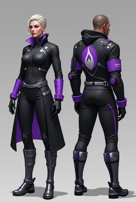  Deputy Commander

Feminine :  Black jacket with silver details and purple bands on the sleeves .  The emblem of a flame stylized in silver and purple appears on the back.  The boots have metallic details and purple edges .

masculine:  Version with mens d...