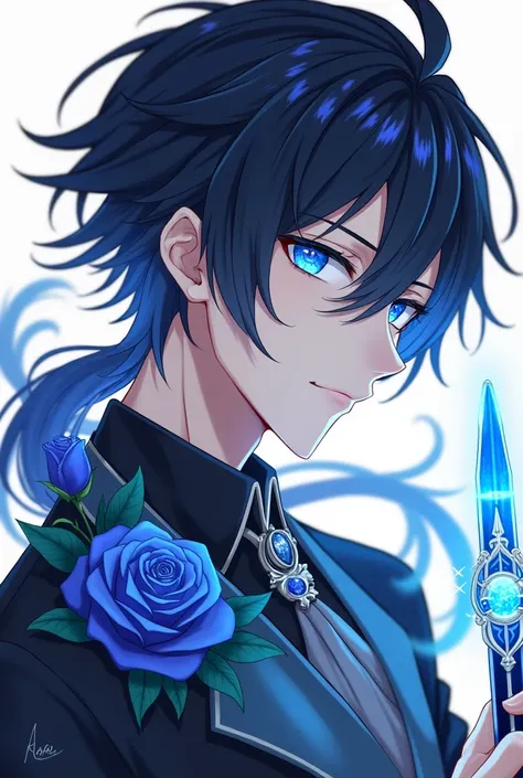 Anime man handsome crotch, one little long hair, black hair, blue and white highlights back, white and blue eyes, blue rose, holding blue glow pen, blue ring on neck and head, gentlemans look dress