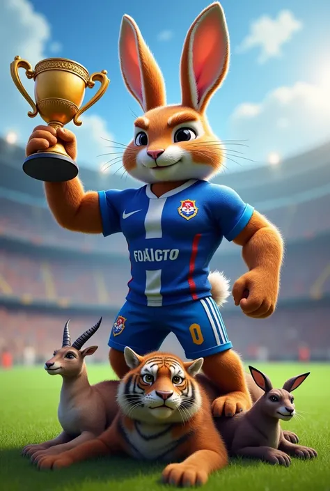  A muscular rabbit in the Cruz Azul team uniform lifting the 2024 champions cup by crushing an eagle,A goat and a tiger .