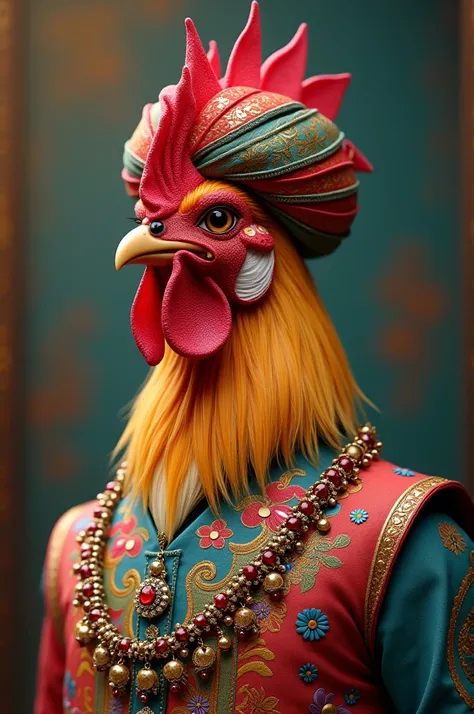 A rooster with a turban on its head and earrings in its ears 
Dressed in a Punjabi shalwar kameez