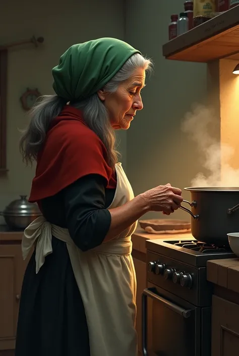 In the kitchen, grandmother was still standing at the stove .  A small round woman with a green headscarf on her head under the a long gray ,  silver pluck that reached far across her back .  Around her shoulder she wears a shawl in your red that is very s...