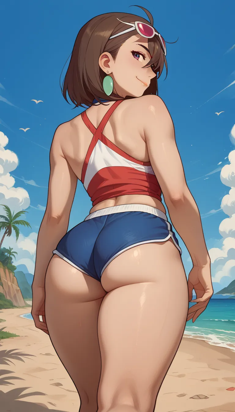 masterpiece,    best quality   ,    back view,  momo ayase, brown hair (  she wears tiny blue dolphin shorts, butt pulp appears ...