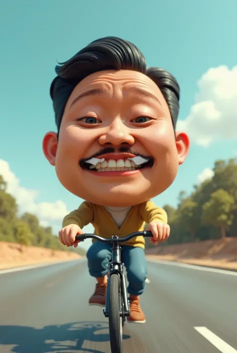 3d, digital dynamic caricature in claymation style of a realistic Asian 35-year old man riding a bicycle very fast on the middle of an empty highway. he has exaggerated body features like oversized head that is even more enlarged by being captured with fis...